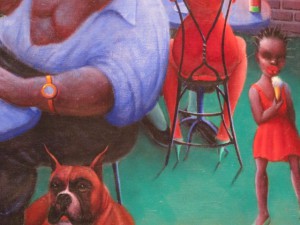 Detail from Archibald Mothley's painting "Barbecue" 1960 A Bulldog attends the Barbecue