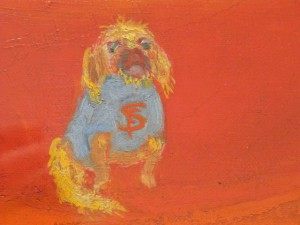 Detail Florine Stettheimer initials on dog sweater "Sales at Bendel's" 1921